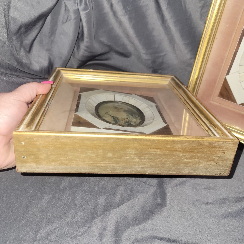 Victorian Portraits Miniature Hand Painted Bakelite Frame Lady Gold Matted Pair - Picture 7 of 11
